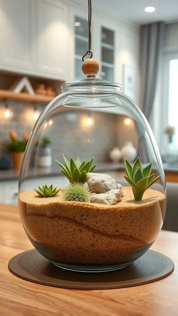 A glass terrarium with sand, rocks, and succulents, displayed on a wooden base in a bright kitchen.