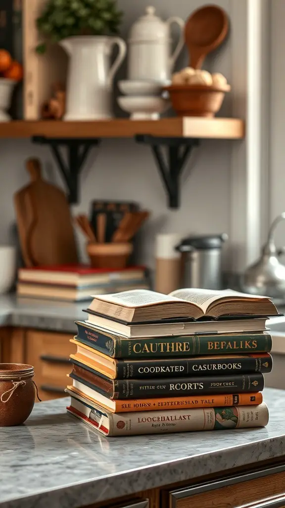 29+ Stunning Countertop Decor Ideas to Elevate Your Space 2 A stack of vintage cookbooks displayed on a kitchen countertop.