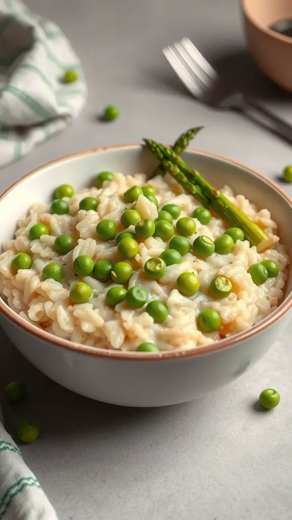 A bowl of spring vegetable risotto topped with green peas and asparagus.