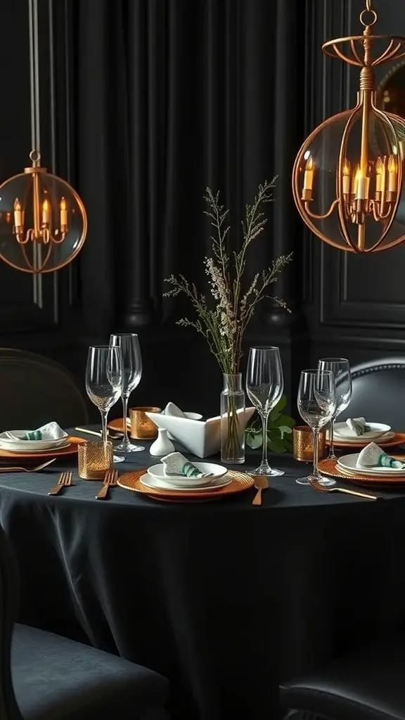A beautifully set table with a black tablecloth, gold accents, elegant glassware, and hanging light fixtures.