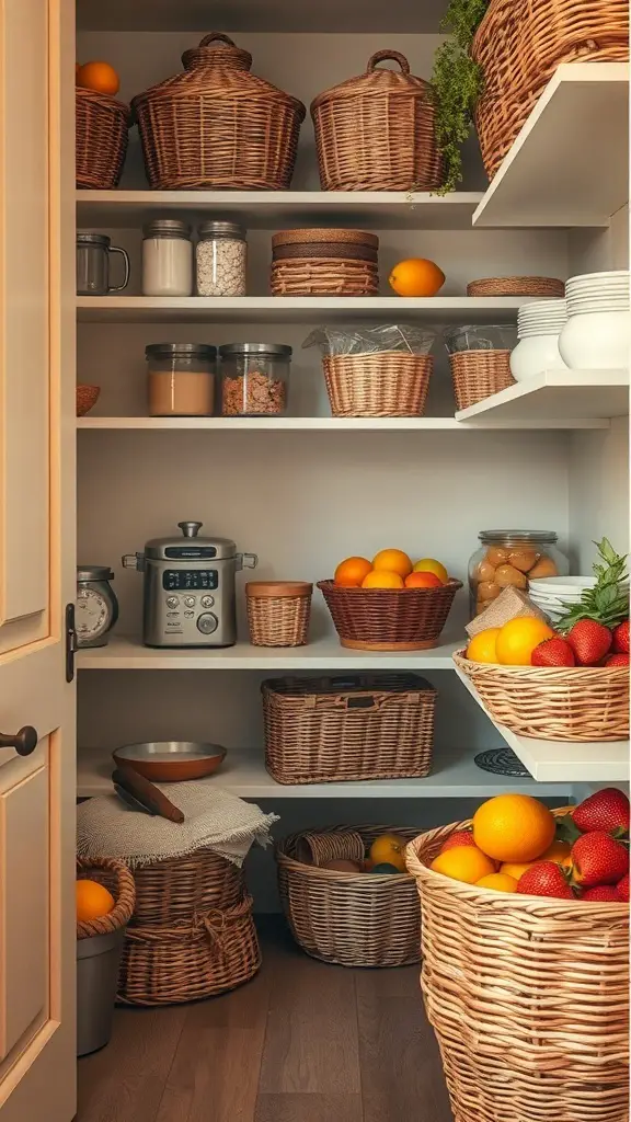 29+ Stylish Pantry Design Ideas to Elevate Your Storage Space 12 A well-organized pantry with various woven baskets holding fruits and pantry essentials.