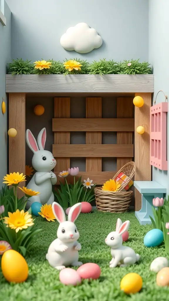Colorful Easter decor with bunnies, flowers, and eggs in a cheerful setting.