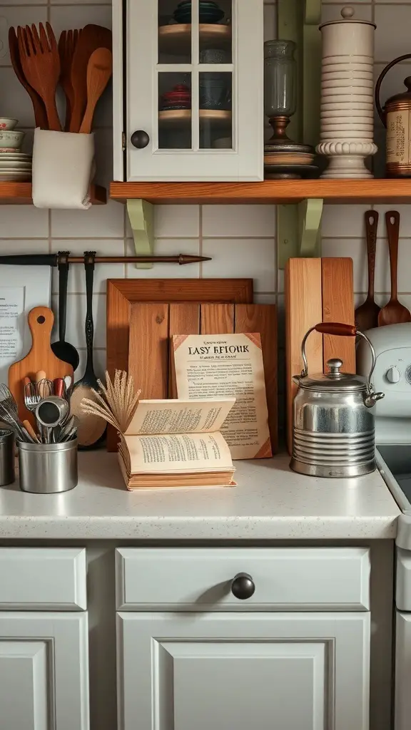 29+ Stunning Kitchen Countertop Decor Ideas 2 A vintage-inspired kitchen countertop with wooden utensils, a kettle, and cookbooks.