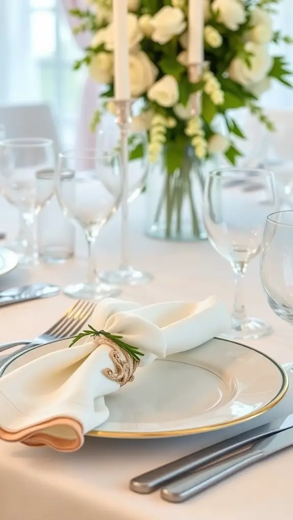 Elegant table setting with shell-inspired decor, featuring white napkins, decorative shell motifs, and a floral centerpiece.