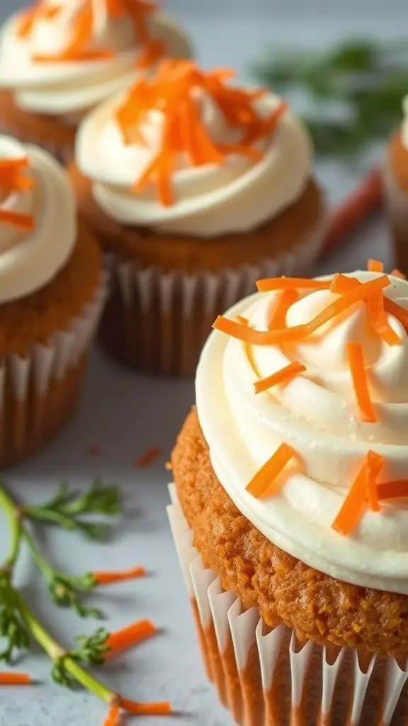 Carrot cake cupcakes topped with cream cheese frosting and orange carrot shavings