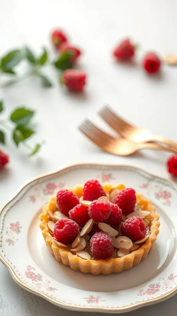 A Raspberry Almond Tart topped with fresh raspberries and almond slices on a decorative plate.
