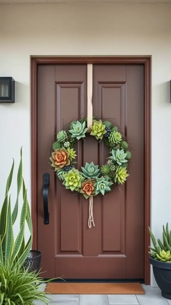 A succulent and cactus wreath hanging on a brown door, featuring various green and orange succulents.