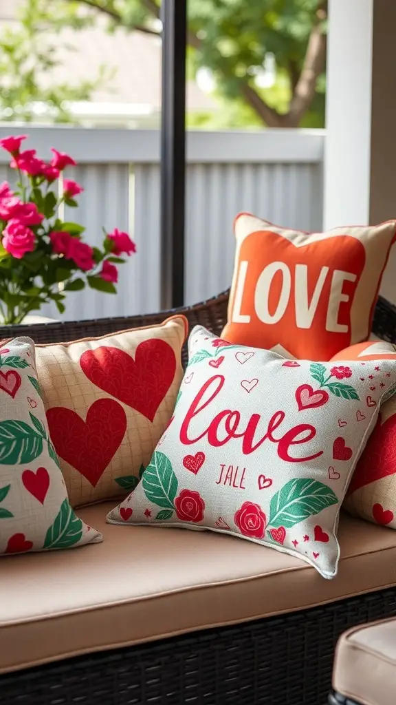 A collection of decorative pillows with heart designs and the word 'love' on a patio sofa.