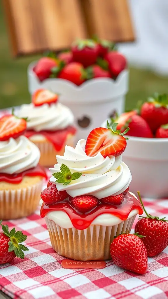 Delicious strawberry shortcake cupcakes topped with whipped cream and fresh strawberries