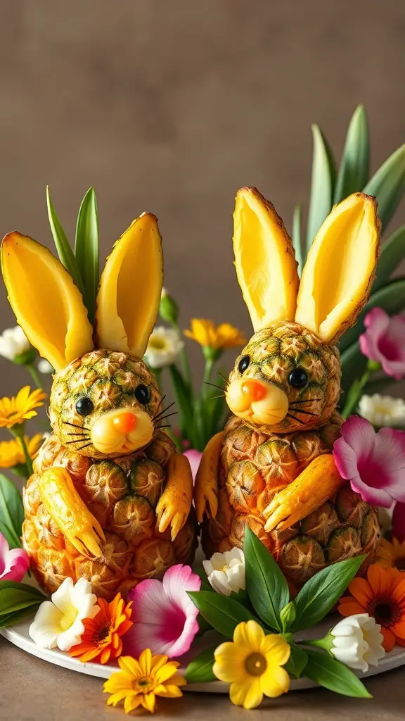 Two pineapple bunnies with carrot features surrounded by flowers