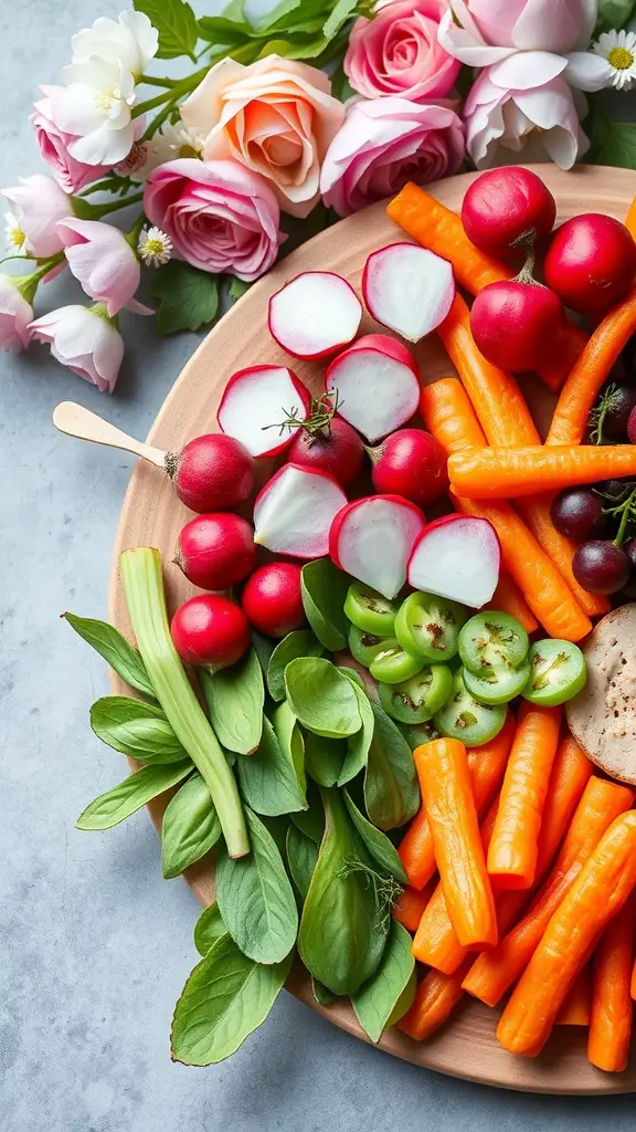 51+ Creative Easter Charcuterie Board Ideas 7 A colorful spring vegetable medley featuring radishes, carrots, celery, and leafy greens, arranged on a wooden platter.