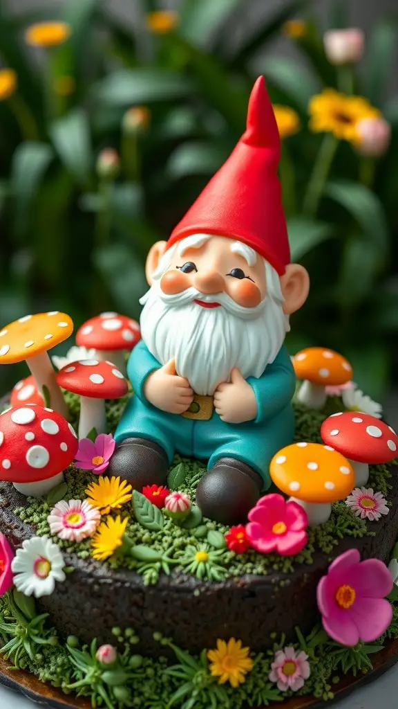 A whimsical garden gnome cake with colorful mushrooms and flowers.