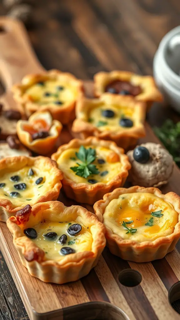 A wooden board displaying an assortment of mini quiches with various toppings.