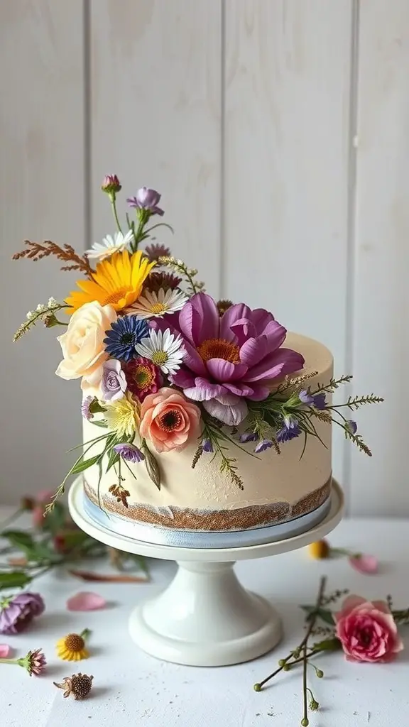 A beautifully decorated Wildflower Garden Cake with colorful flowers on top.