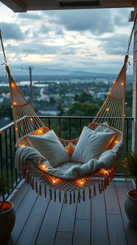 A cozy hammock on a balcony with pillows and a blanket, surrounded by plants and string lights.
