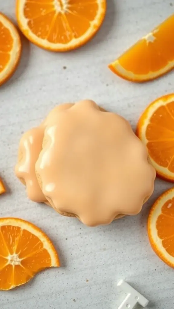 Two orange glazed cookies surrounded by fresh orange slices