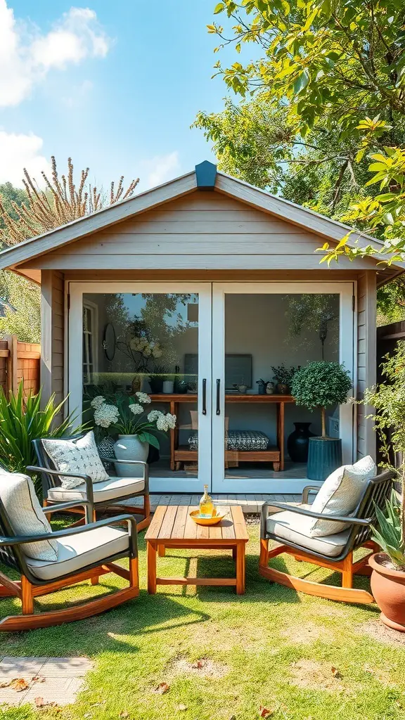 27+ Inspiring Tiny Shed House Ideas 3 A cozy garden office shed with large glass doors and a seating area outside.
