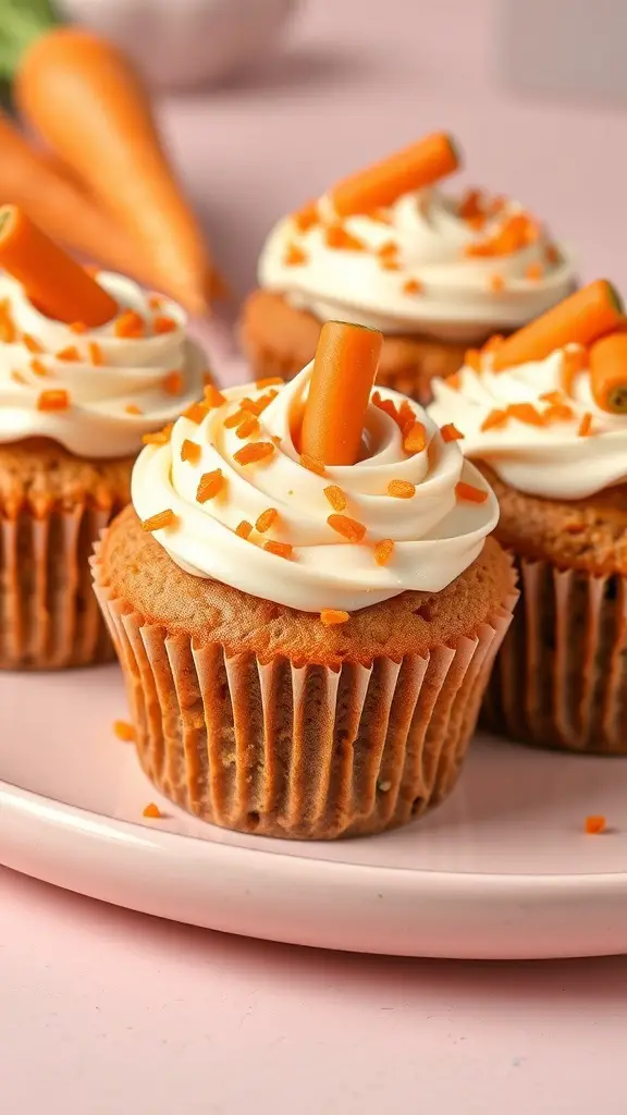 Carrot cake cupcakes topped with cream cheese frosting and carrot decorations