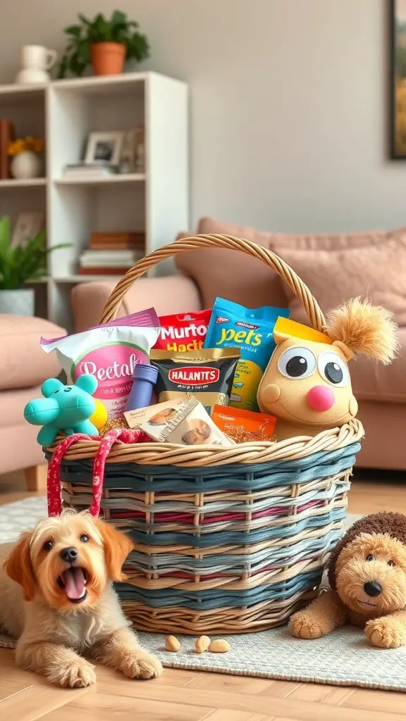23+ Creative Valentine's Day Basket Ideas 13 A colorful pet lovers basket filled with treats and toys for dogs, with a happy dog sitting beside it.