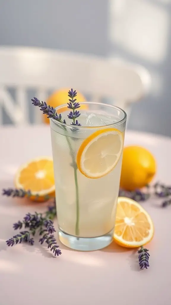 A glass of Lavender Lemonade Cooler with lemon slices and lavender sprigs on a table.