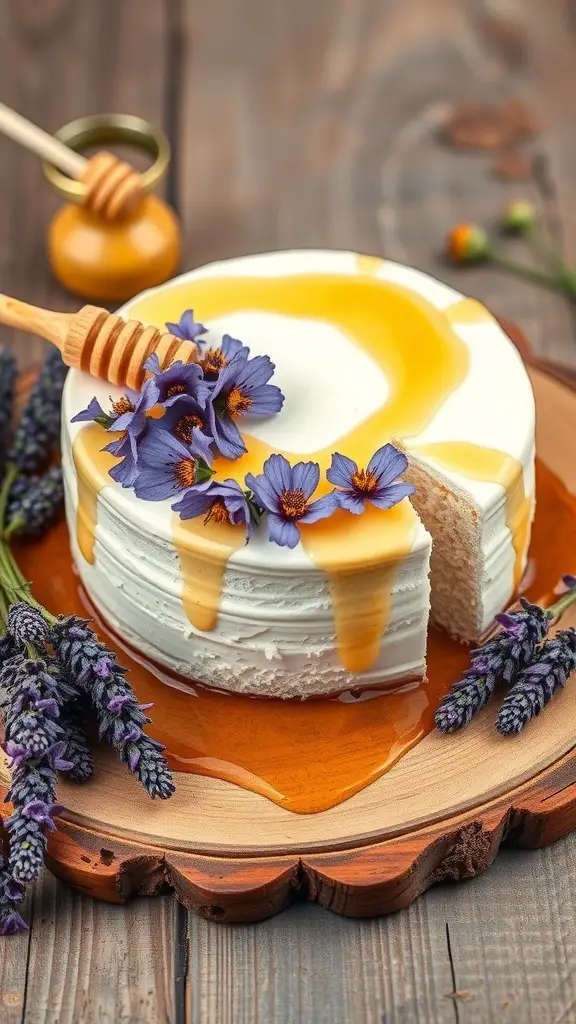 A beautifully decorated Lavender Honey Cake with honey drizzle and lavender flowers on top.