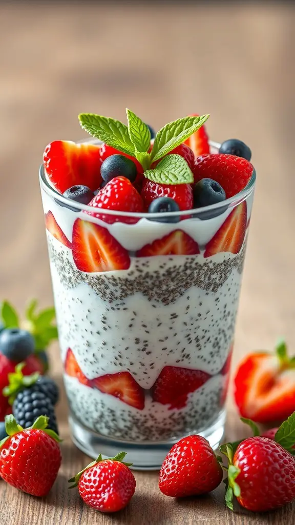 Chia seed pudding topped with fresh strawberries, blueberries, and mint leaves in a glass