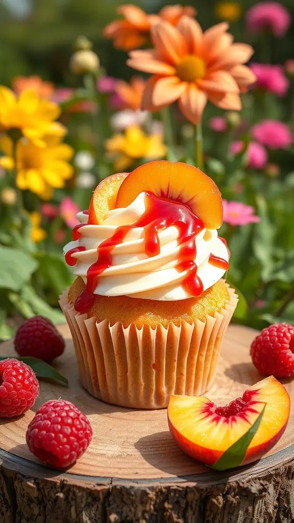 A peach melba cupcake topped with vanilla frosting, a peach slice, and raspberry sauce, surrounded by fresh raspberries and colorful flowers.