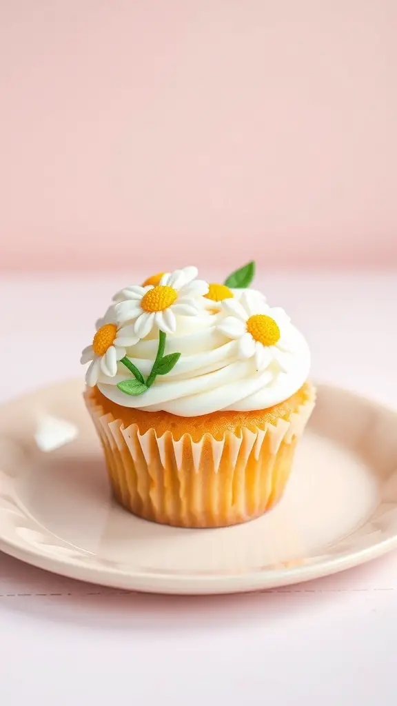 A whimsical daisy cupcake with white frosting and yellow centers on a pink background.