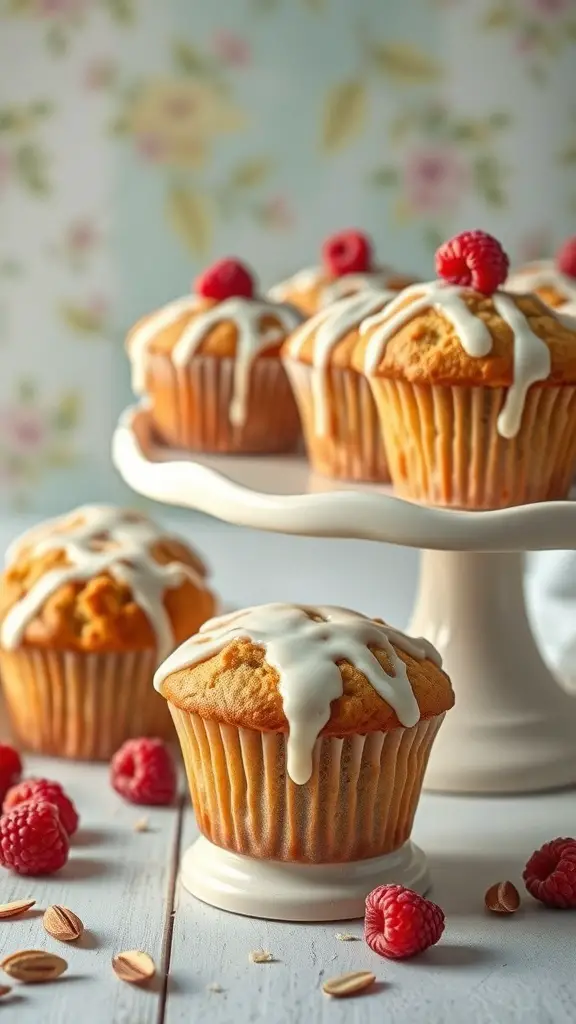 Raspberry Almond Muffins with a Sweet Drizzle on a cake stand