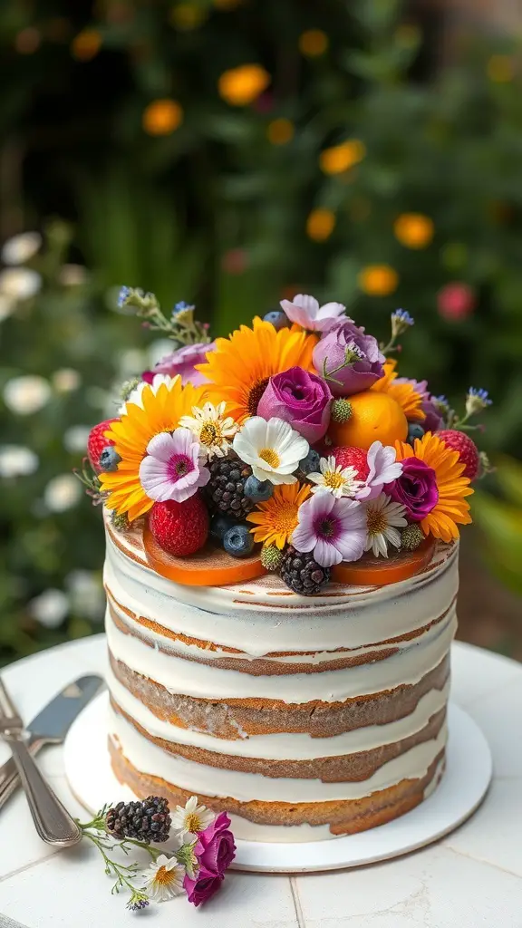 A naked cake topped with colorful flowers and fruits, set against a blurred garden background.