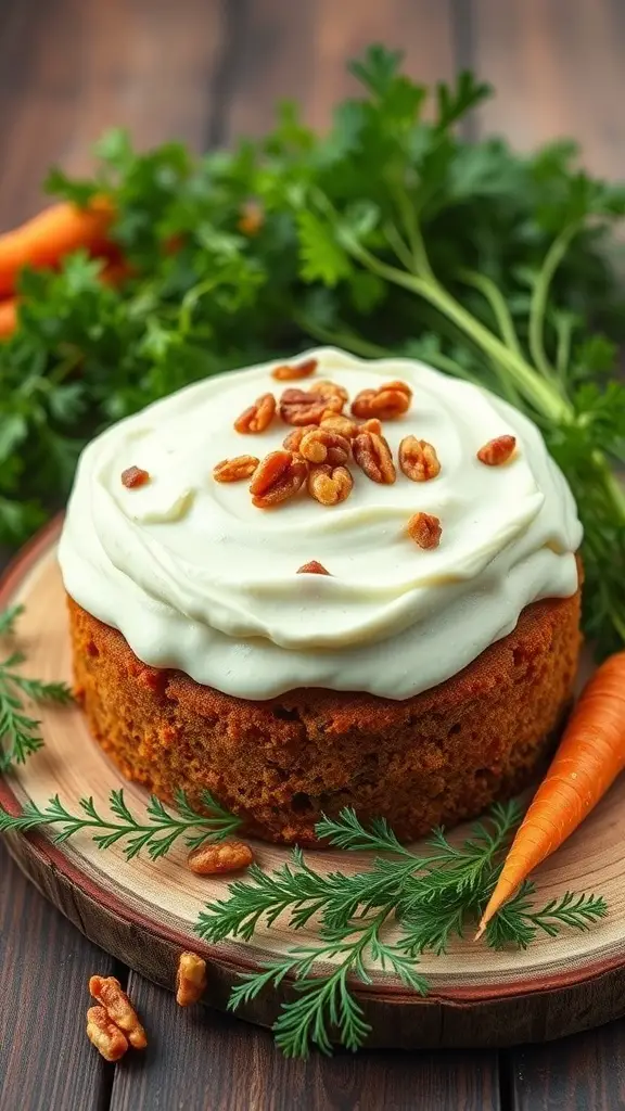 A delicious carrot and walnut plant cake topped with cream cheese frosting and walnuts, surrounded by fresh carrots and greens.