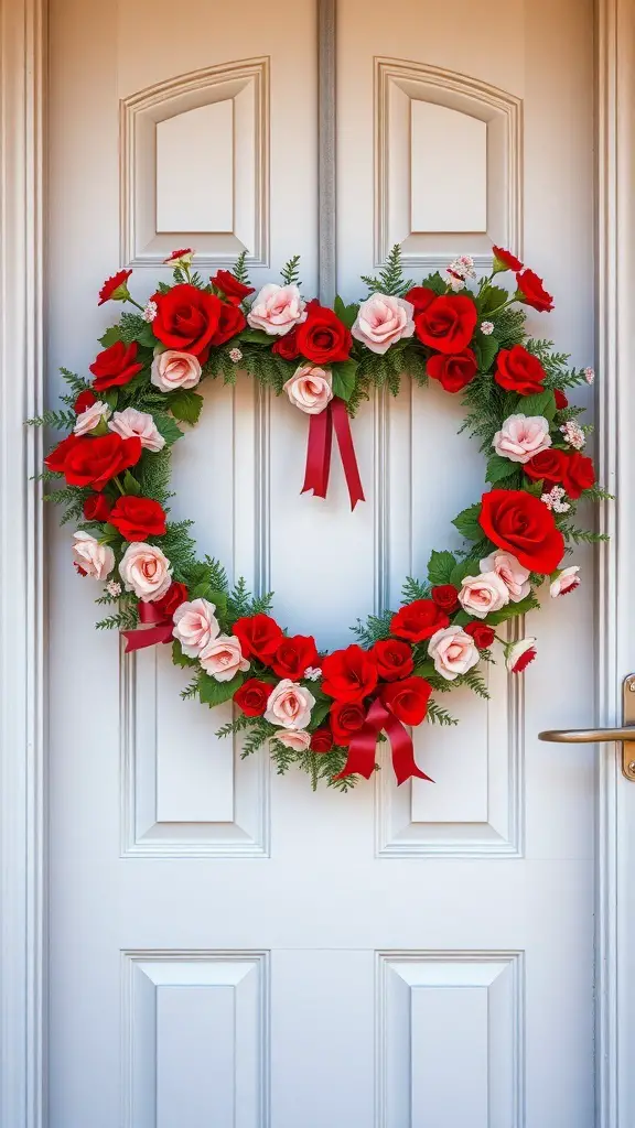 A heart-shaped wreath made of red and pink roses on a white door.