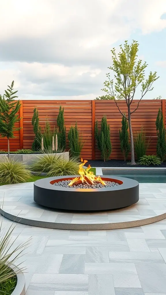 A modern circular fire pit surrounded by greenery and smooth stones.
