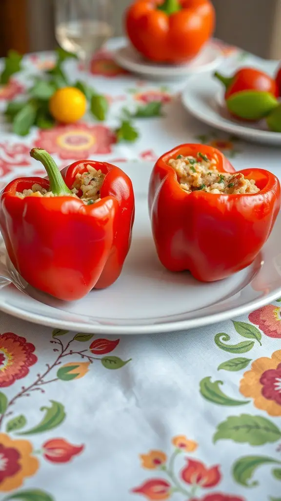 23+ Heart-Shaped Food Ideas 10 Two heart-shaped stuffed bell peppers on a plate, filled with rice and herbs, on a floral tablecloth.