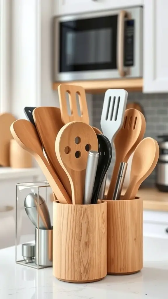 29+ Stunning Countertop Decor Ideas to Elevate Your Space 13 Wooden utensils in stylish holders on a kitchen countertop