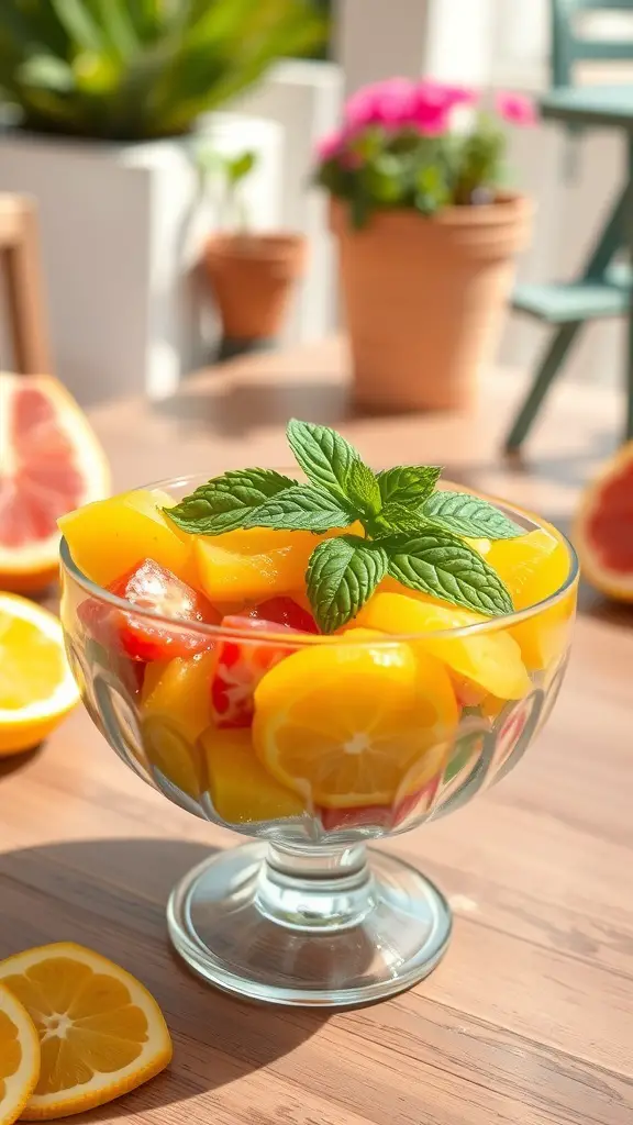 47+ Must-Try Easter Brunch Ideas for a Festive Celebration 9 A bowl of citrus fruit salad with mint leaves, surrounded by sliced lemons and a plant in the background.