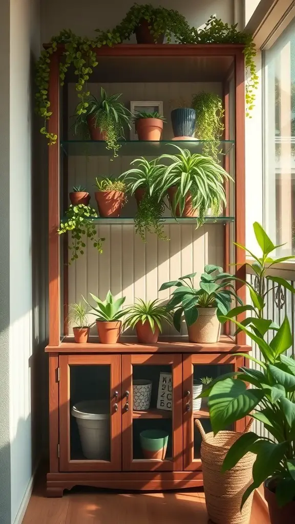 29+ Inspiring Balcony Cabinet Ideas 2 A wooden glass-fronted cabinet filled with various plants, showcasing a bright and inviting balcony space.