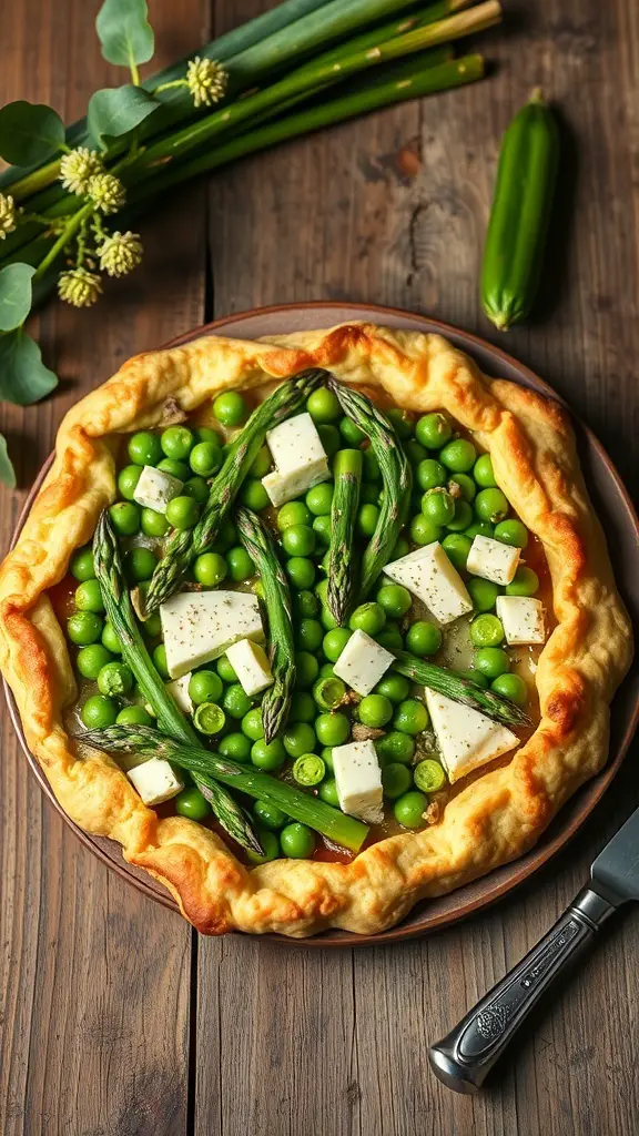 A freshly baked spring vegetable tart with green peas, asparagus, and cheese on a wooden table.