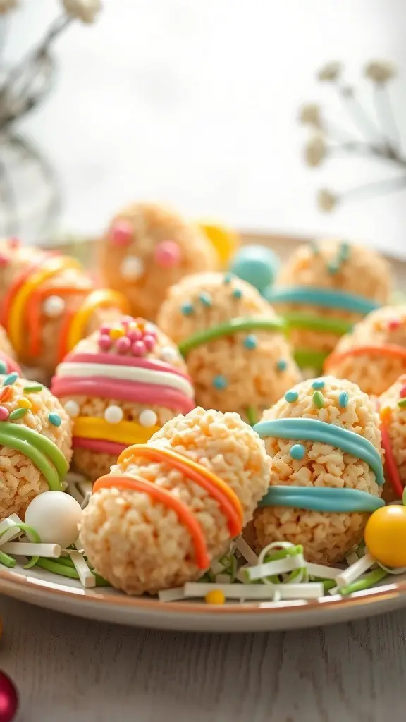 Colorful Easter Egg Rice Krispie Treats arranged on a plate