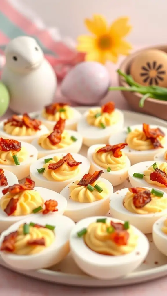 A platter of deviled eggs topped with bacon and chives, surrounded by Easter decorations.