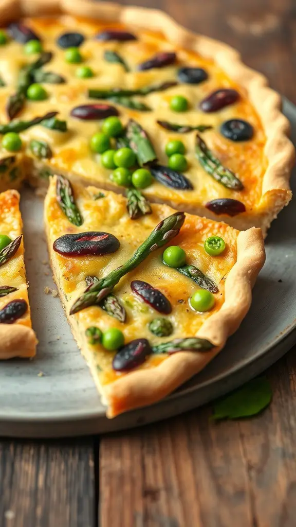 A slice of spring vegetable quiche with asparagus, peas, and black beans on a plate.