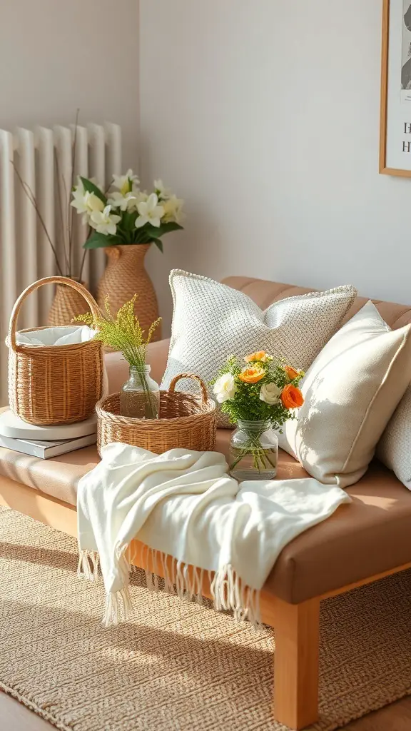 Cozy coffee table decor with layered textures including a throw, woven baskets, flowers, and decorative pillows.