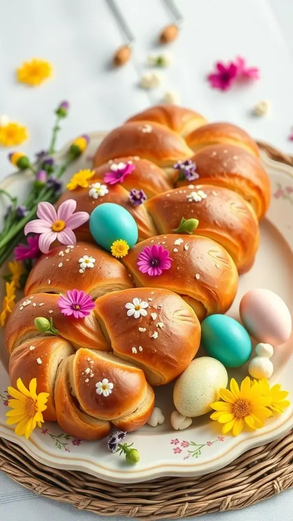 A braided loaf of traditional Easter bread decorated with colorful eggs and flowers on a plate.