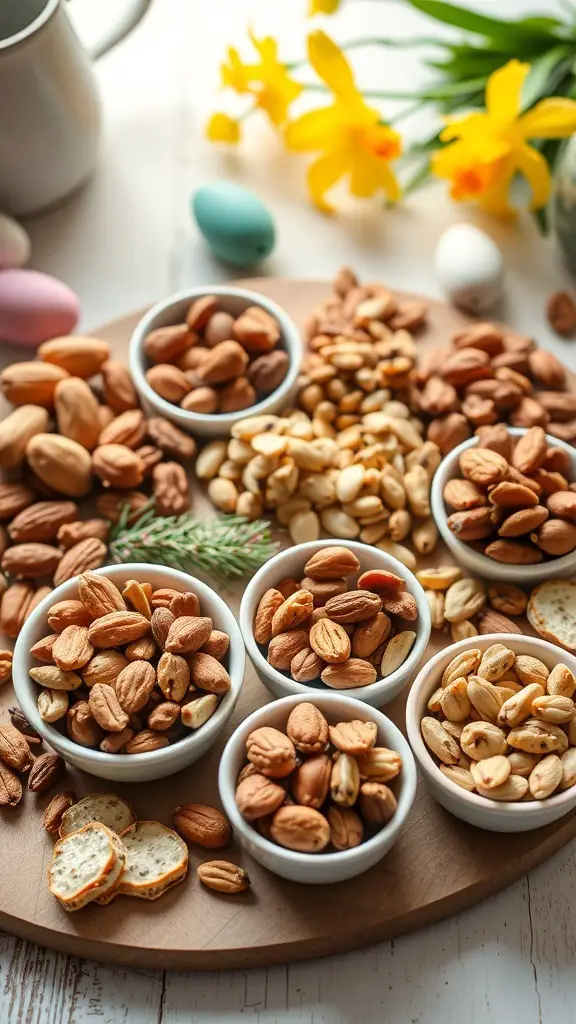 51+ Creative Easter Charcuterie Board Ideas 2 A variety of nuts and seeds arranged in small bowls on a wooden platter, surrounded by flowers and Easter eggs.