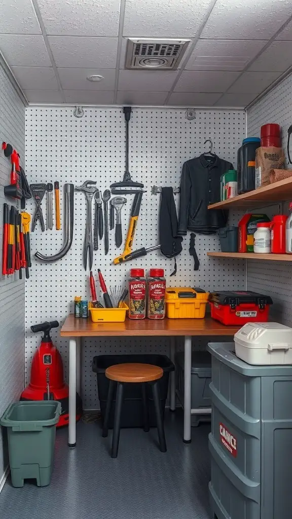 A small storage room with tools on a pegboard, a work table, and organized bins.