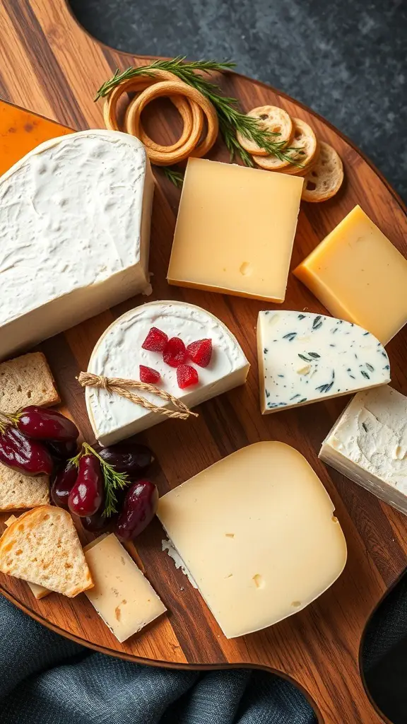 A selection of artisan cheeses on a wooden board, featuring various types of cheese, crackers, and garnishes.