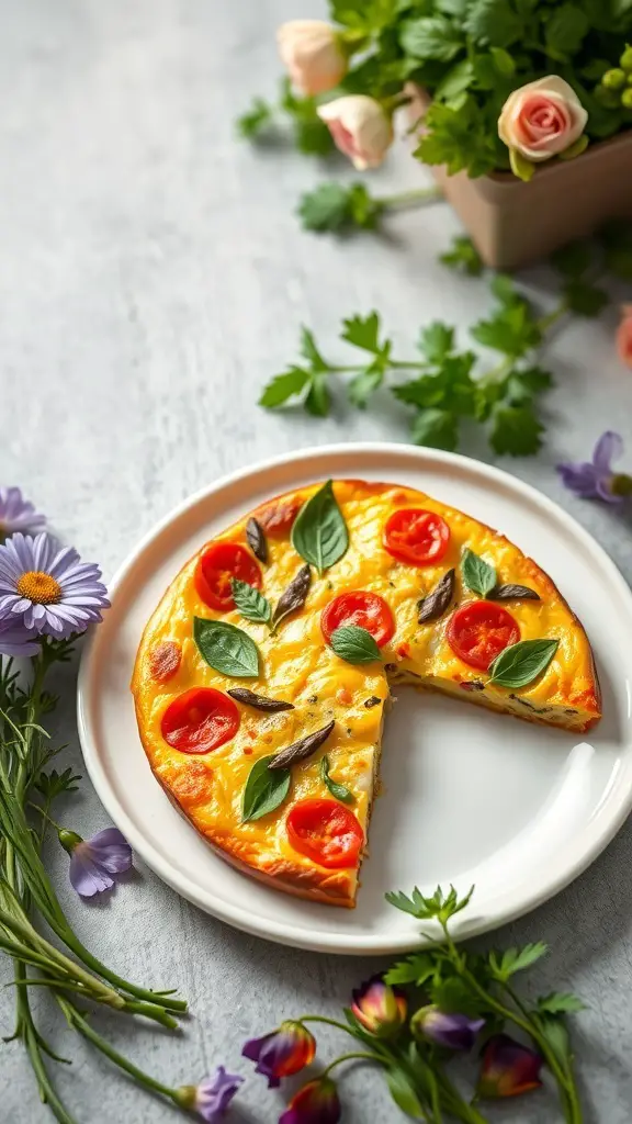 47+ Must-Try Easter Brunch Ideas for a Festive Celebration 2 A delicious Spring Vegetable Frittata garnished with cherry tomatoes and basil, surrounded by fresh flowers.
