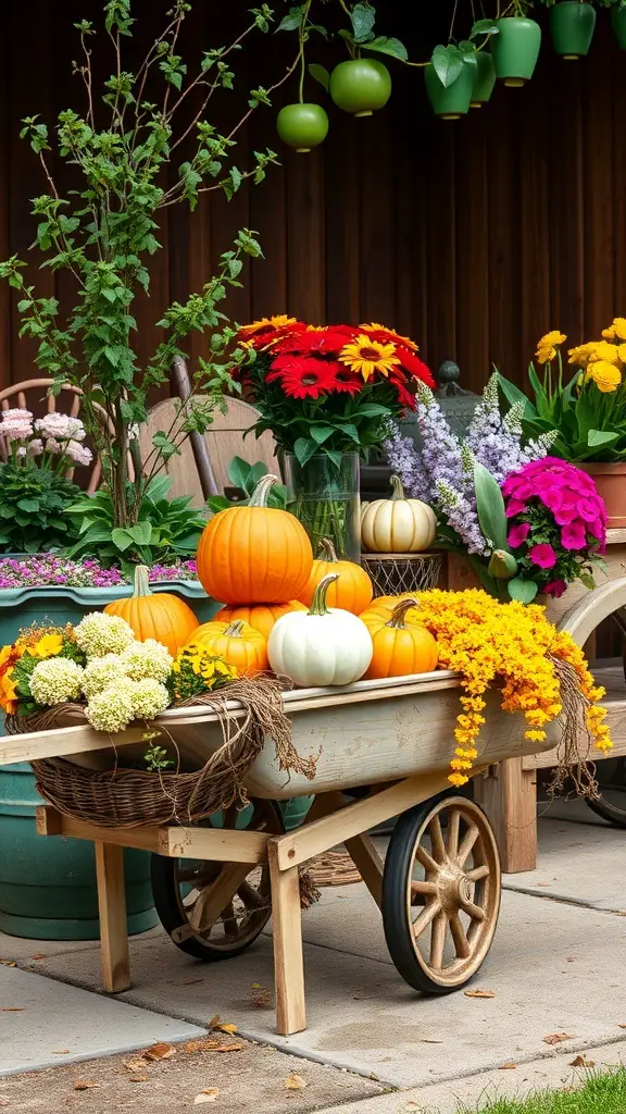 29+ Creative Wheelbarrow Garden Ideas 10 A decorative wheelbarrow filled with colorful flowers and pumpkins, showcasing a seasonal garden display.