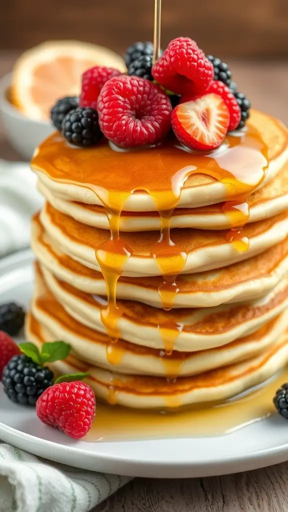 A stack of lemon ricotta pancakes topped with fresh berries and syrup.