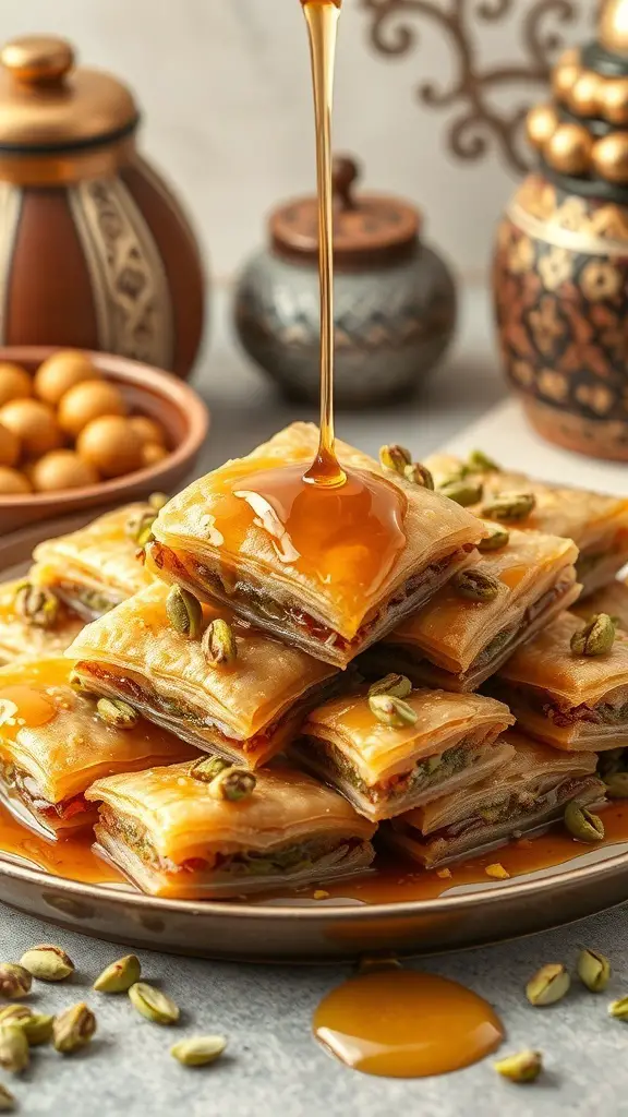 29+ Irresistible Valentine Dessert Ideas You Need to Try 15 A plate of pistachio baklava drizzled with honey, surrounded by decorative jars and nuts.